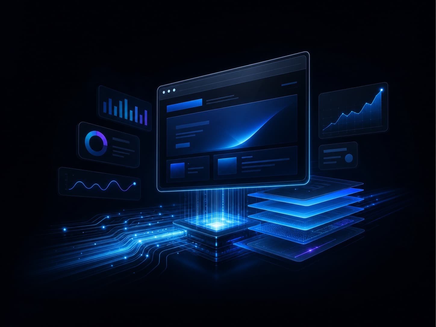 A futuristic rendering engine connecting a browser interface to performance and SEO charts